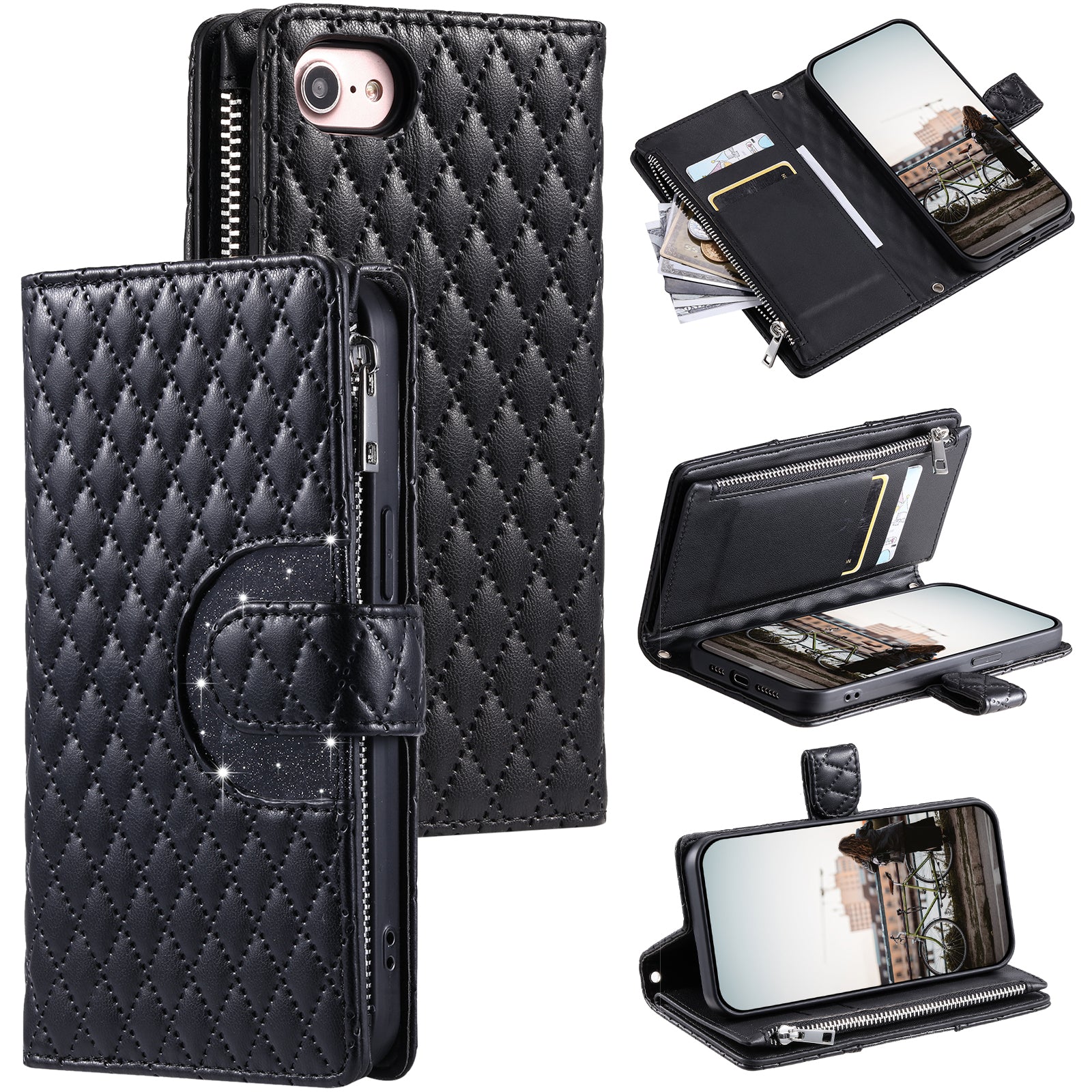 Style 012 for iPhone 7 / 8 / SE (2020) / SE (2022) Leather Case Rhombus Glitter Zipper Wallet Phone Cover Style 012 for iPhone 7 / 8 / SE (2020) / SE (2022) Leather Case Rhombus Glitter Zipper Wallet Phone Cover